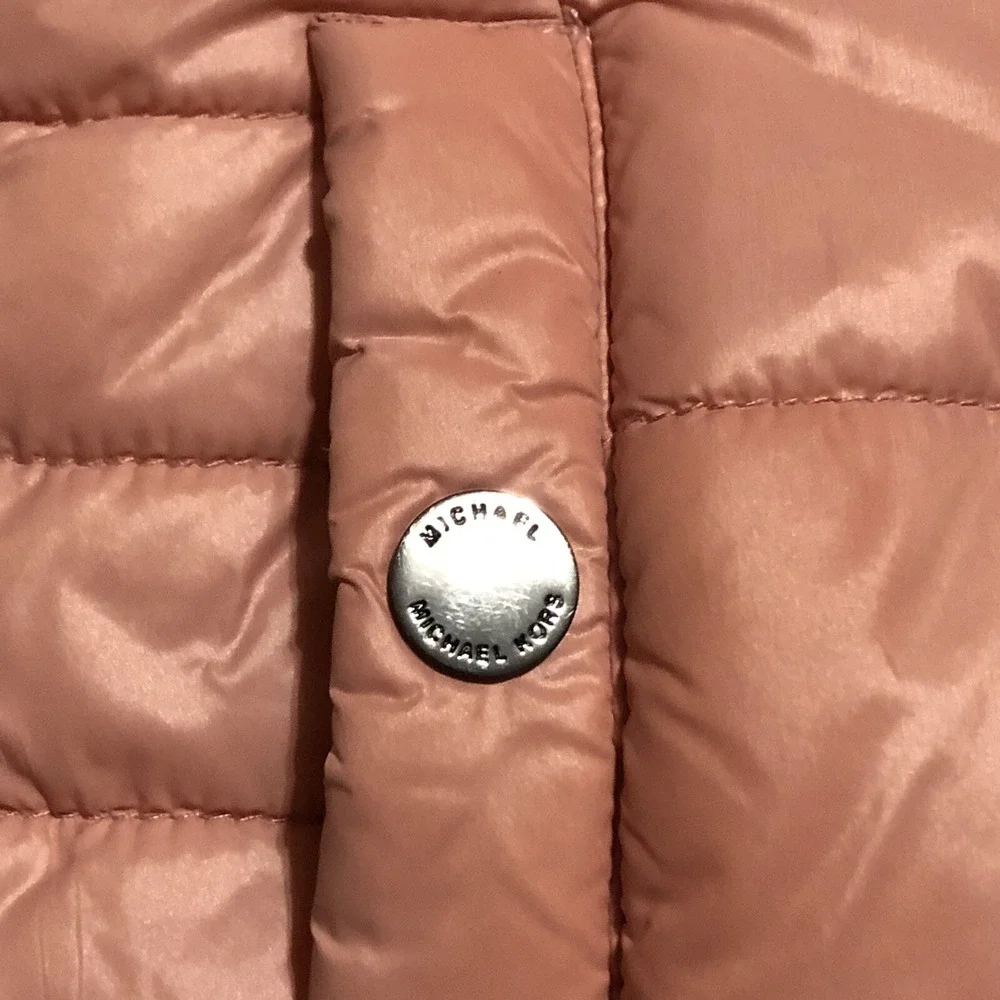 MICHAEL KORS Girls Puffer Zip Jacket Hooded Faux Fur Lined Blush Pink Sz‎ 6X EUC